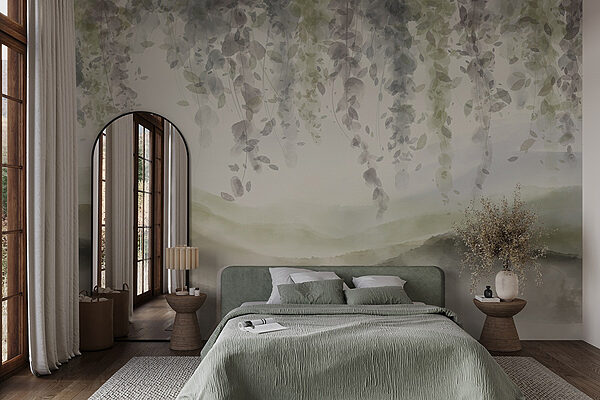Painting of a landscape with leaves from the ceiling Wall murals Painting of a landscape with leaves from the ceiling