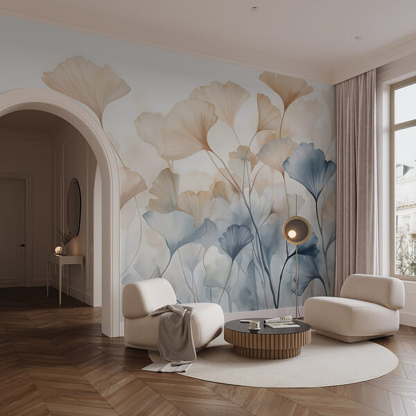Wall mural Painting of flowers with leaves (SKU: w08917) Wall mural Wall mural Painting of flowers with leaves (SKU: w08917)