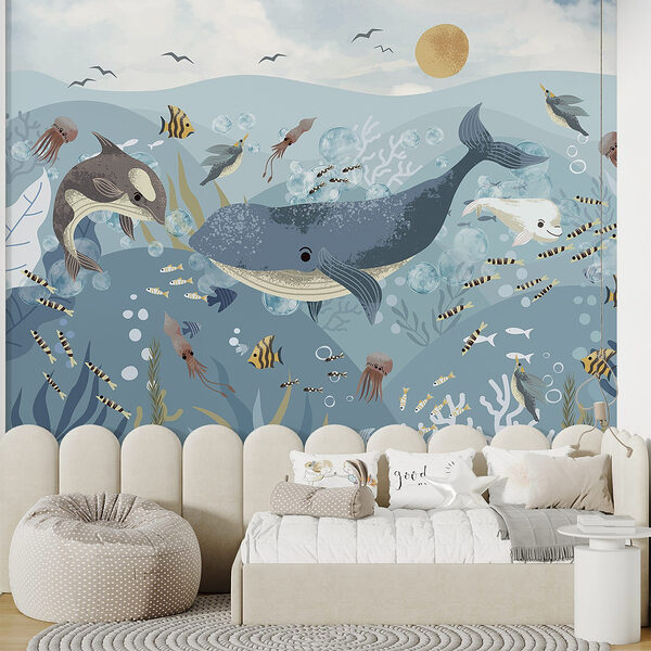 Wall mural Group of fish and whales swimming in the ocean