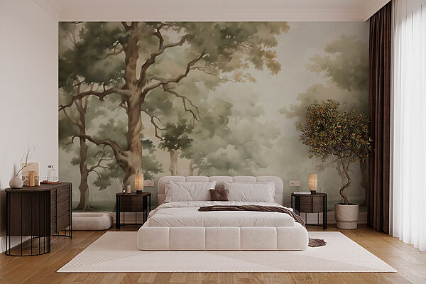 Watercolor painting of trees and a river Wall murals Watercolor painting of trees and a river