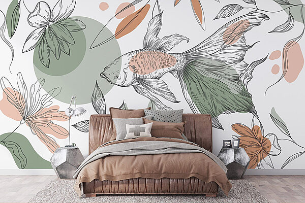 Fish and plants on a white background Wall murals Fish and plants on a white background