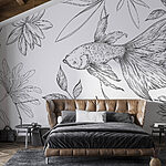 Wall murals Black and white drawing of a fish and plants