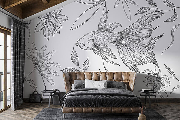 Black and white drawing of a fish and plants Wall murals Black and white drawing of a fish and plants