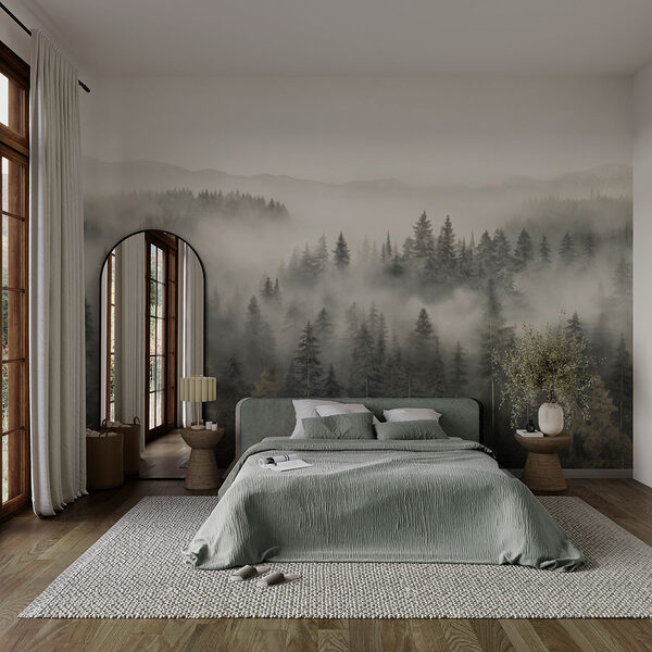 Forest with fog and mountains Wall murals Forest with fog and mountains