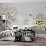 Wall murals White paper flowers and butterflies on a white surface