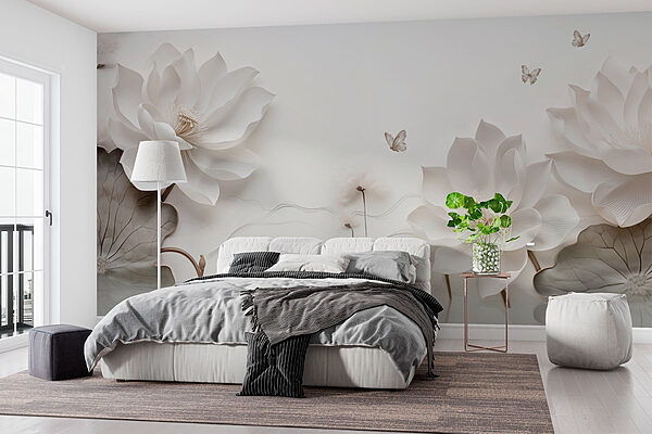 White paper flowers and butterflies on a white surface Wall murals White paper flowers and butterflies on a white surface