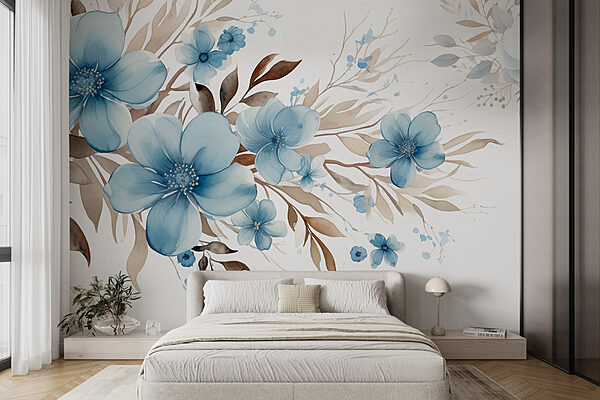 Painting of blue flowers and brown leaves Wall murals Painting of blue flowers and brown leaves