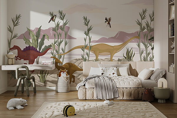 Group of dinosaurs in a desert Wall murals Group of dinosaurs in a desert
