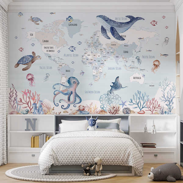 Wall mural Map of the world with sea animals