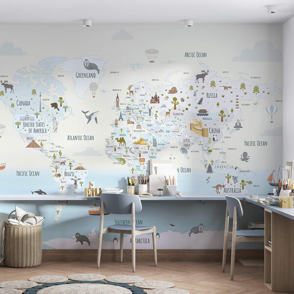 Wall murals Wall murals Map of the world with different animals (SKU: w03410)