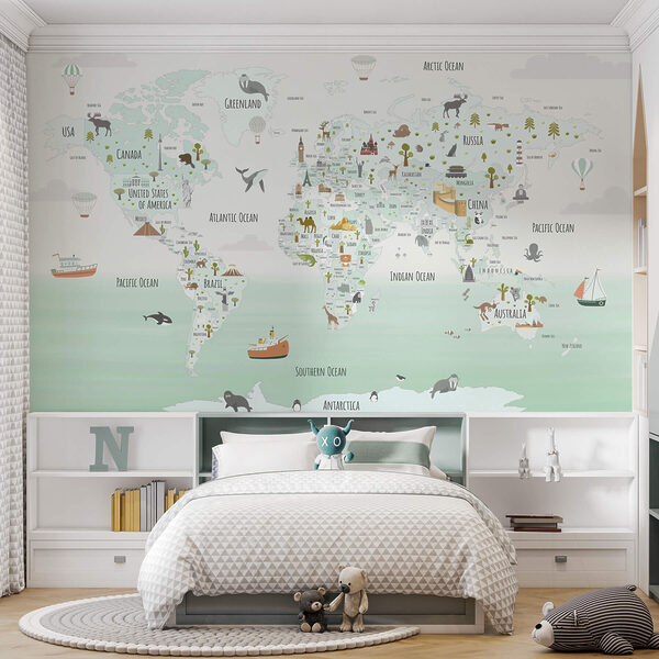 Wall murals Wall murals Map of the world with animals (SKU: w03410v2)