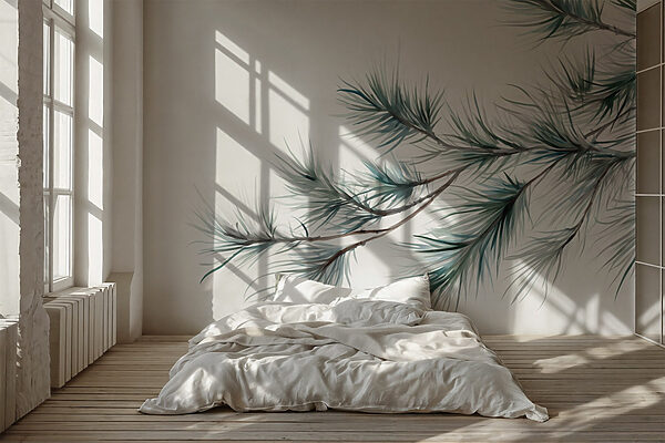 Delicate pine branches in soft hues Wall murals Delicate pine branches in soft hues