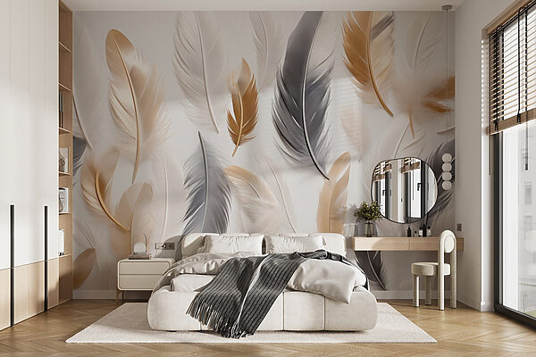 Group of feathers on a white surface Wall murals Group of feathers on a white surface