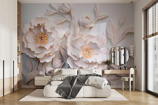 White flowers and leaves on a white surface Wall murals White flowers and leaves on a white surface