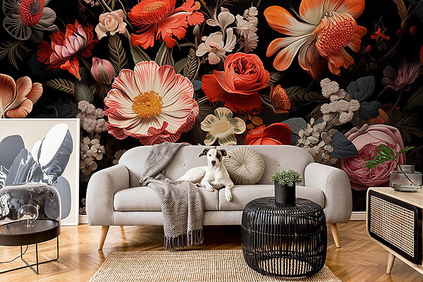 Group of flowers on a black background Wall murals Group of flowers on a black background