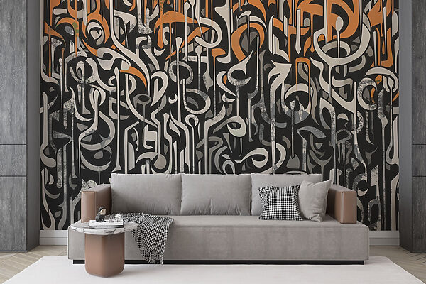 Black and white art with orange and white lines Wall murals Black and white art with orange and white lines