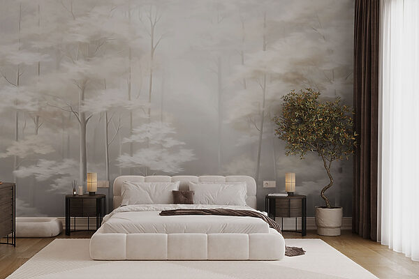 Foggy forest with trees Wall murals Foggy forest with trees
