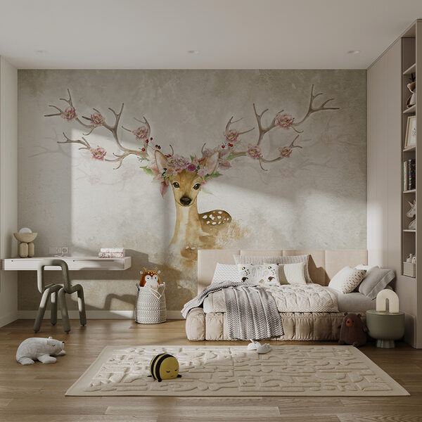 Watercolor of a deer with flowers on its head Wall mural Watercolor of a deer with flowers on its head