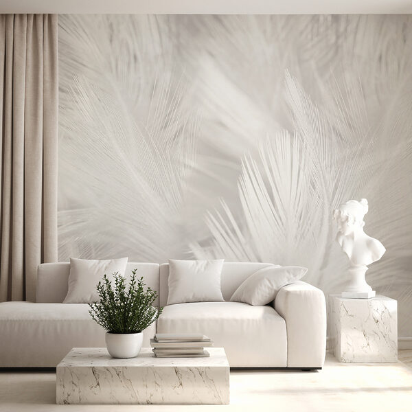Wall mural White feathers on a white surface