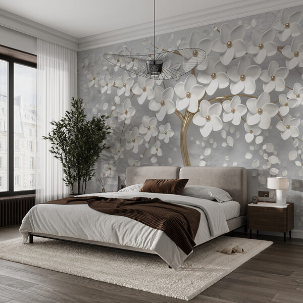 Elegant tree with white blossoms Wall mural Elegant tree with white blossoms