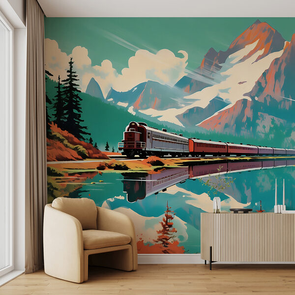 Train passing by a mountain Wall mural Train passing by a mountain