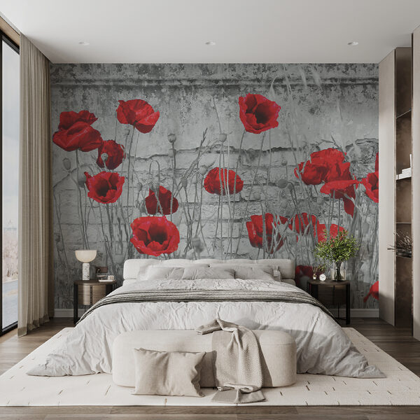 Red poppies against a textured wall Wall mural Red poppies against a textured wall