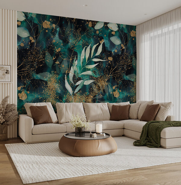 Abstract leaves with shimmering accents Wall mural Abstract leaves with shimmering accents