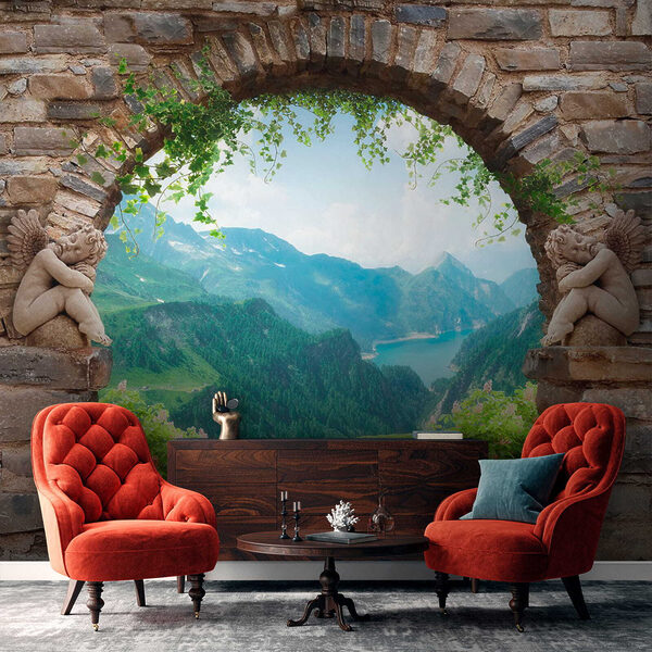 Stone archway framing lush valley view Wall mural Stone archway framing lush valley view