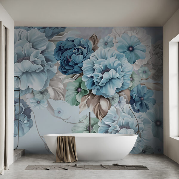 Wall mural Elegant teal blossoms in soft harmony (SKU: u59900) Wall mural Wall mural Elegant teal blossoms in soft harmony (SKU: u59900)