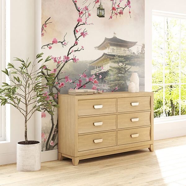 Blossoms framing serene Japanese temple Wall mural Blossoms framing serene Japanese temple