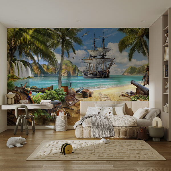 Wall mural Pirate ship anchored by tropical paradise