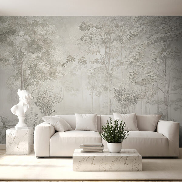 Wall mural Misty forest with delicate foliage