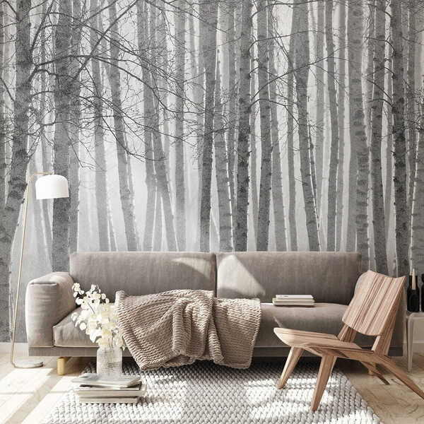 Group of trees in a foggy forest Wall mural Group of trees in a foggy forest