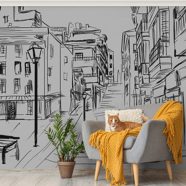 Wall mural Black and white drawing of a bench