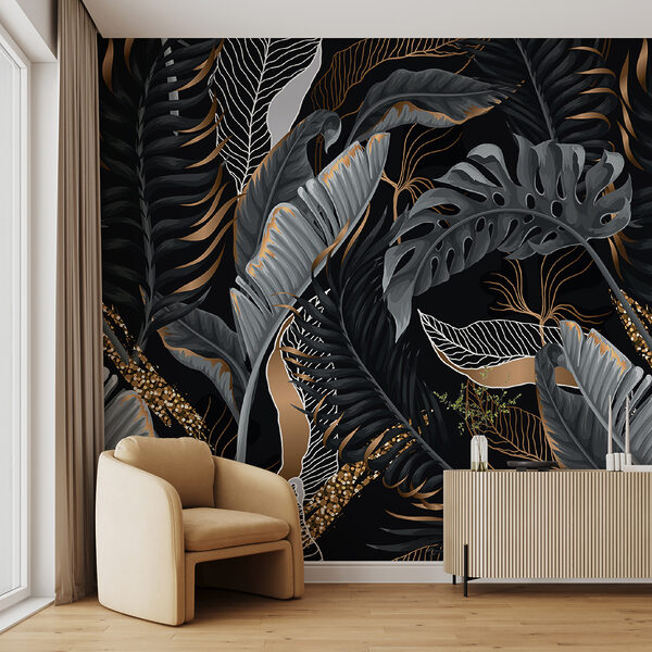 Wall mural Wall mural Elegant tropical leaves on dark background (SKU: u71889)