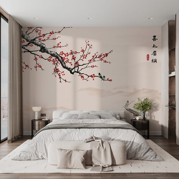 Wall mural Wall mural Tree branch with red flowers (SKU: u40186)