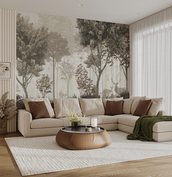 Deer stand gracefully in misty forest Wall mural Deer stand gracefully in misty forest