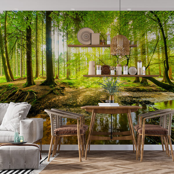 Forest with trees and sun shining through the trees Wall mural Forest with trees and sun shining through the trees
