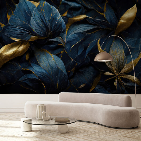 Wall mural Dark and metallic leaves pattern