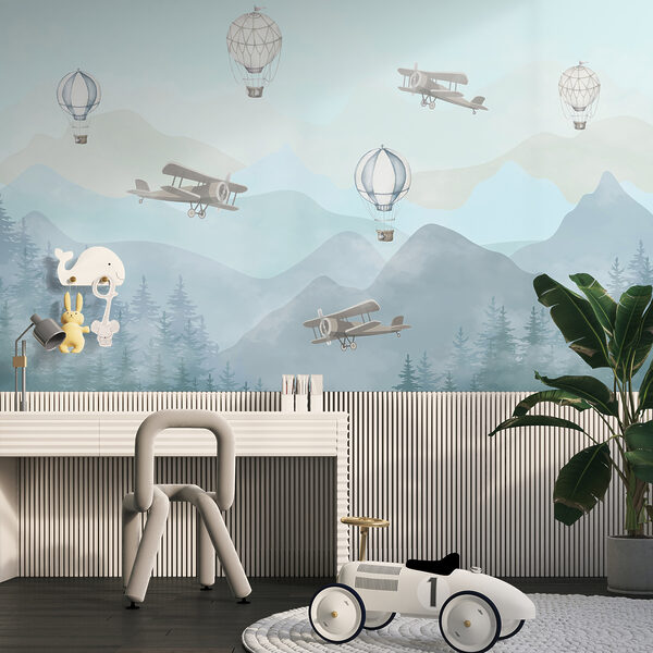Wall mural Planes and balloons over misty mountains (SKU: u74226) Wall mural Wall mural Planes and balloons over misty mountains (SKU: u74226)