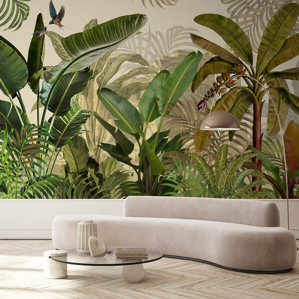 Tropical leaves and birds in harmony Wall mural Tropical leaves and birds in harmony