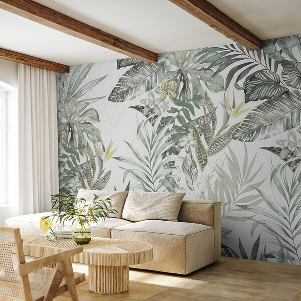 Tropical leaves with delicate flowers Wall mural Tropical leaves with delicate flowers