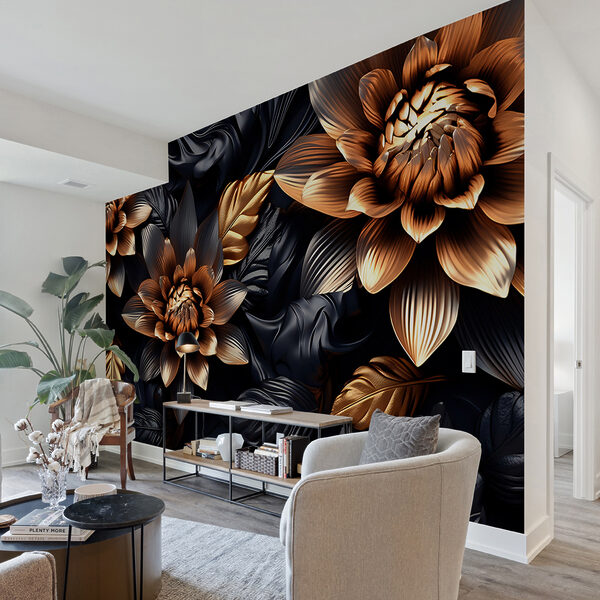 Metallic flowers with dark leaves design Wall mural Metallic flowers with dark leaves design