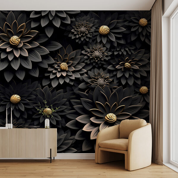 Metallic flowers on dark background Wall mural Metallic flowers on dark background