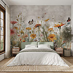 Wall murals Butterflies dance above colorful meadow.