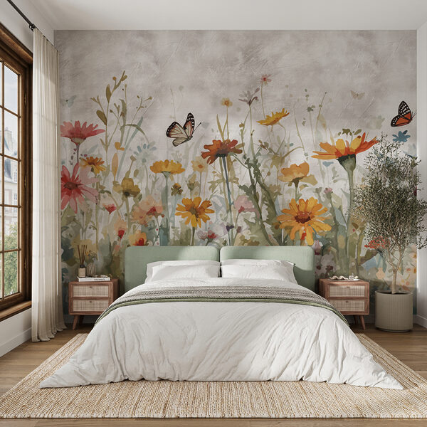 Wall murals Butterflies dance above colorful meadow. (SKU: u95406)
