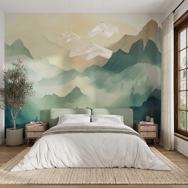 Wall mural Misty mountains and trees at sunrise