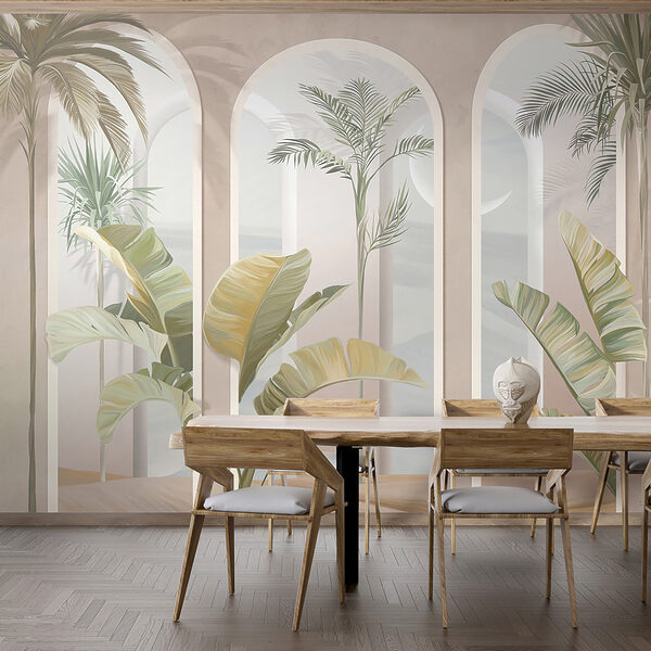 Wall mural Arched windows with tropical plants
