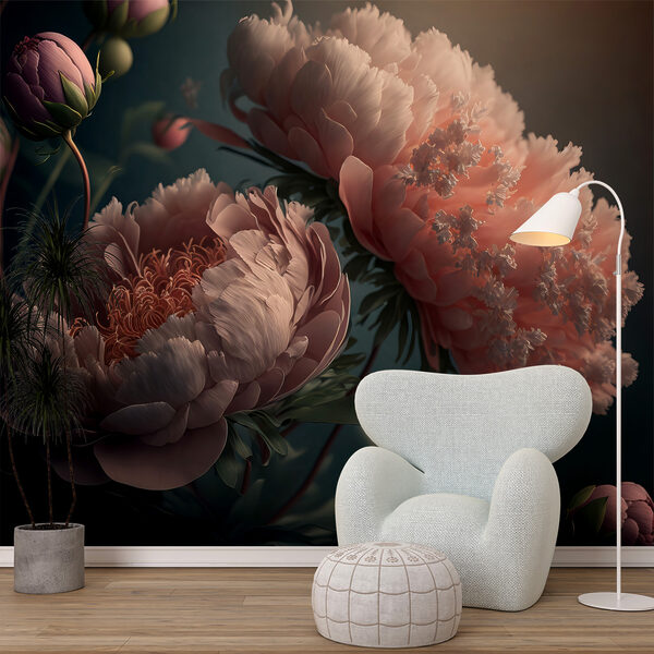 Blooming peonies under gentle light Wall mural Blooming peonies under gentle light