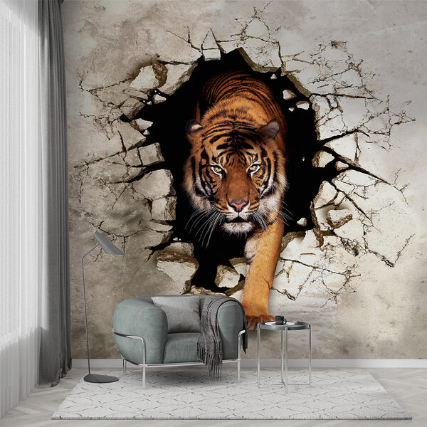 Wall mural Tiger emerging through cracked wall